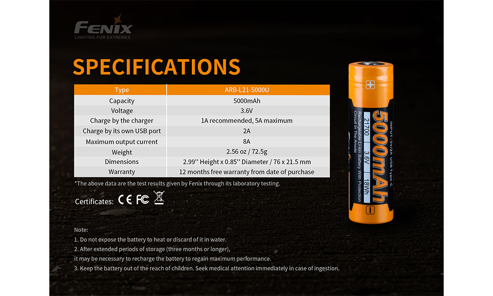 Fenix ARB-L21-5000U Rechargeable 21700 Battery