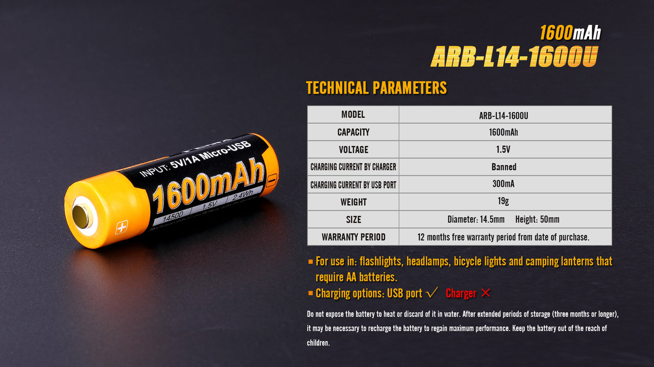Fenix ARB-L14-1600U 1.5V USB Rechargeable Li-ion AA Battery
