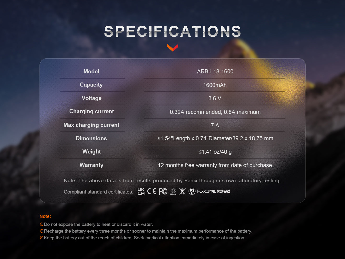 Fenix ARB-L18-1600 Rechargeable 18350 Battery