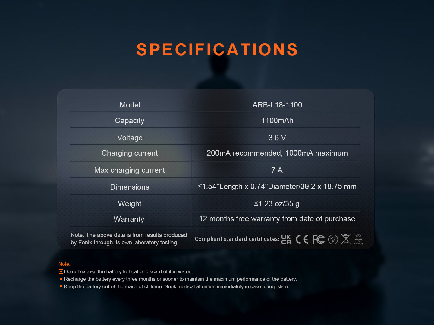 Fenix ARB-L18-1100 Rechargeable 18350 Battery